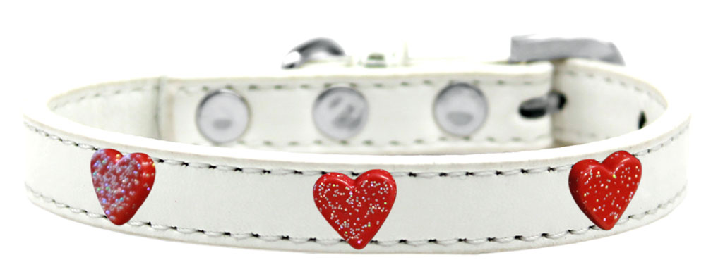 Red Glitter Heart Widget Dog Collar White Size 10